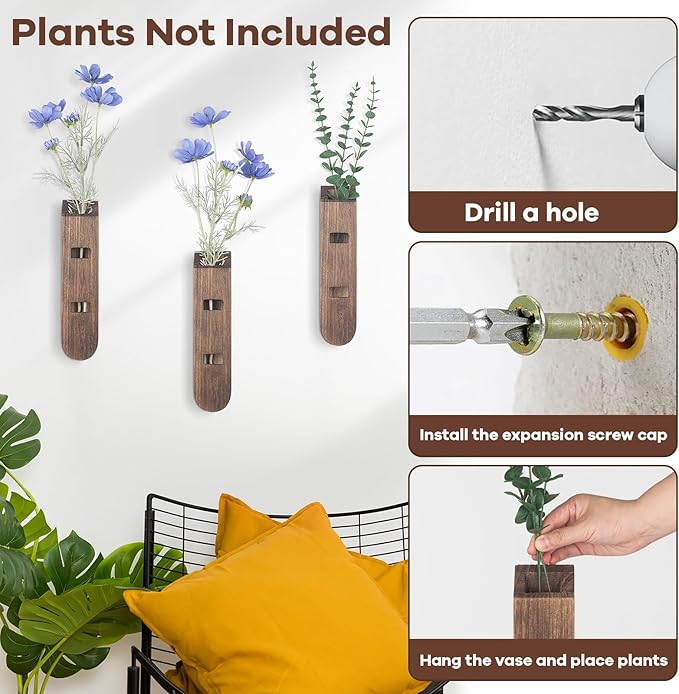 3 Pack Wood Planter Set, Boho Wall Decor for Living Room, Modern Farmhouse Entryway or Bathroom Decor, Wooden Vase Aesthetic Art for Wall Decorations