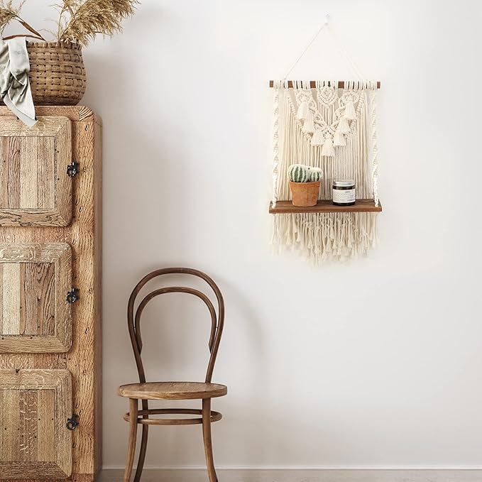 ANROYE Single Tier Macrame Boho Wall Hanging Shelf, Handmade Bohemian Wooden Woven Plants Floating Shelves Decor, Mini Chic Organizer for Bathroom Bedroom Western Home Nursery Storage Gift