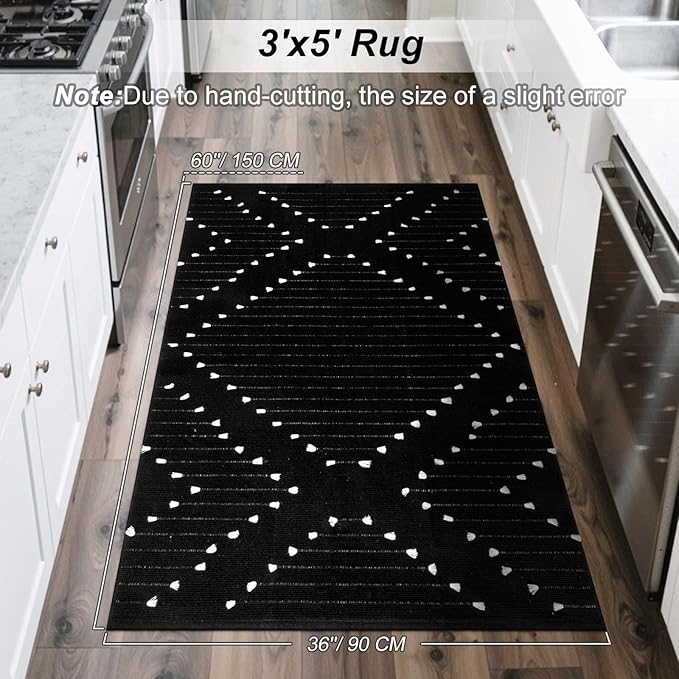 LIVEBOX Boho Black Rug for Kitchen,3x5 Washable Area Rug for Entryway,Moroccan Cotton Throw Rugs Morden Indoor Carpet Door Mat for Bedroom Laundry Room Hallway Halloween Decor