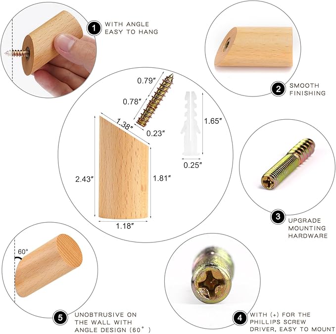 Wooden Wall Hooks, 2 Pack Coat Hooks Wall Mounted - Natural Wood Hook Coat Rack, Heavy Duty Hooks for Hanging Towels Entryway Coats Hat Rack for Wall (Beech Wood)