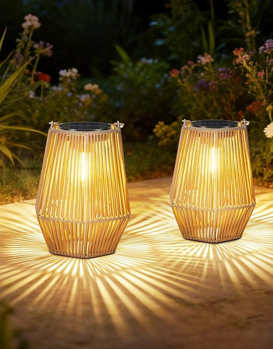 OUTONLIFE 2 Pack Solar Lanterns Outdoor Waterproof, Hanging Rattan Woven Solar Lights with Auto On/Off, Decorative Gifts for Garden, Yard, Patio, Tree, Porch, Lawn, Pathway & Outside Tabletop Decor