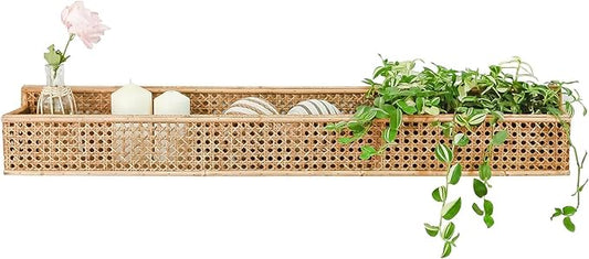 Boho Long Rattan Wall Shelves Farmhouse Woven Wall Mounted Shelf Basket Organizer Storage Rustic Floating Hanging Shelf for Livingroom Home Decor