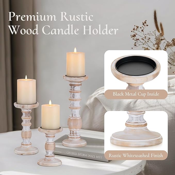 Wood Pillar Candle Holder: 3Pcs Rustic Candle Holders for Pillar Candles Wood Candle Holders Distressed Wooden Farmhouse Large Candle Holder Fireplace Table (Rustic White, 5.9", 7.87", 11")