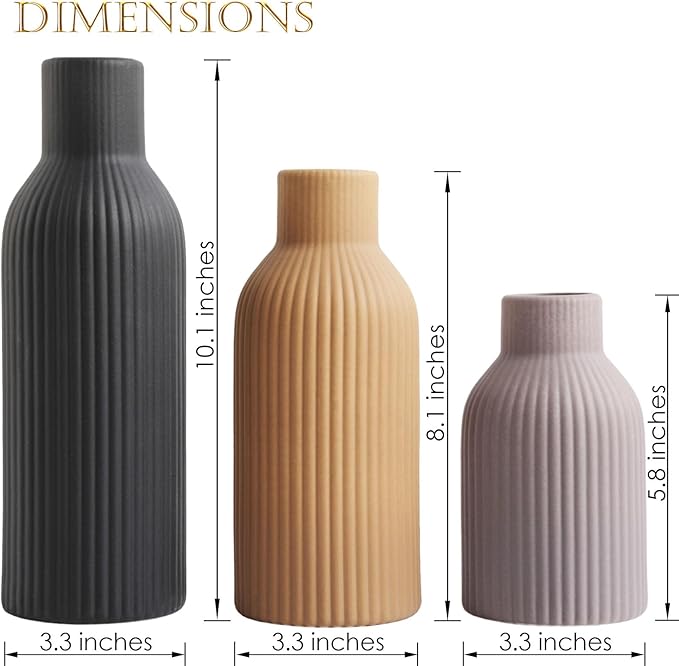 Joeabor Ceramic Vase Set of 3 - Handcrafted Ceramic Vases for Home Decor & Shelf - Modern Farmhouse Decor for Kitchen, Office, Bedroom & Living Room Decorative Objects for Mantel, Table Centerpieces
