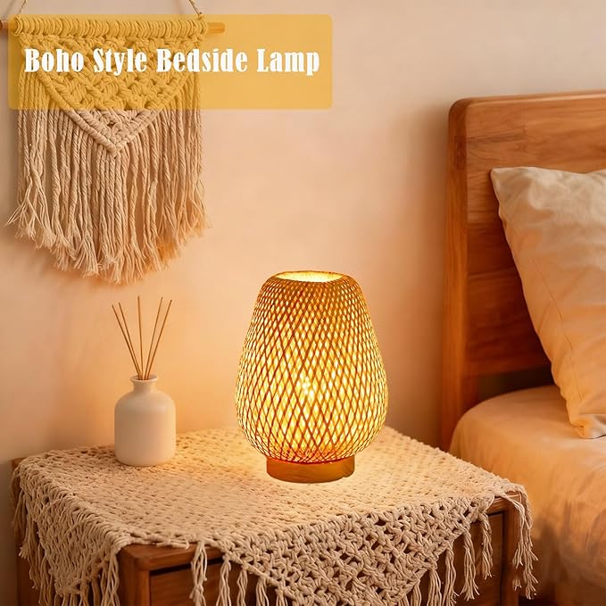 Boho Style Rattan Table Lamp,Dimmable Bamboo Desk Lamp,Green Bamboo