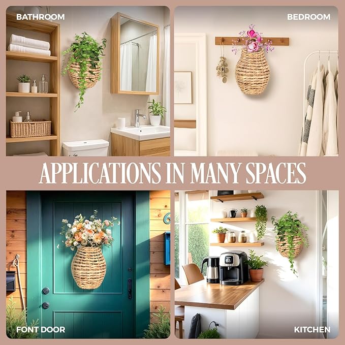 Natural Handwoven Wall Hanging Water Hyacinth Basket for Front Door Flowers & Home Decor – Handwoven Wicker Wall Baskets with Loop Handle – Decorative Organizer for Entryway Mail, and Seasonal Display