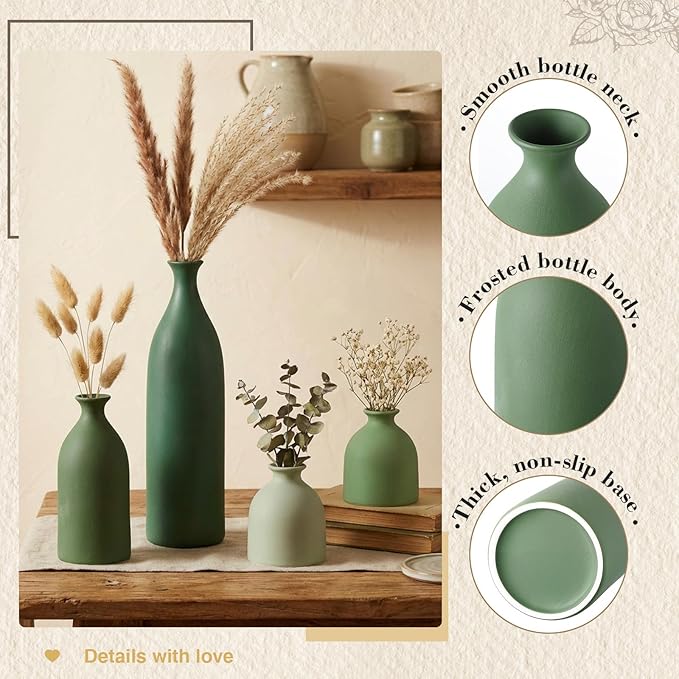 Dandat Ceramic Vase Set of 4, Modern Decorative Ceramic Vases Rustic Pottery Centerpiece Table Decor for Farmhouse Bouquet Pampas Grass Dried Fresh Flowers, Living Room, Kitchen, Bedroom(Green)