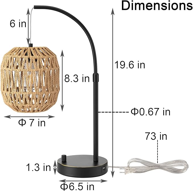 Handmade Woven Rattan Table Lamp with USB Port, Boho Bedside Lamp for Bedroom, Office & Nightstand, Full Metal Base with Two-Color Hand-Woven Rattan Shade