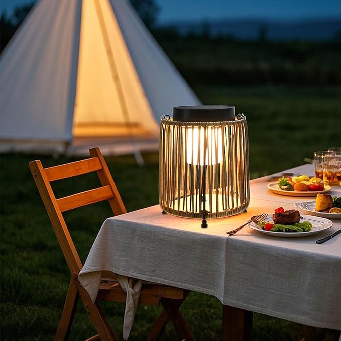 BRIMMEL Solar Lanterns Outdoor Waterproof IP54, Handwoven Wicker Outdoor Table Lamps Portable Rechargeable with 30H+ Runtime, Dual USB-C/Solar Charging Hanging Lantern, 3 Brightness Levels