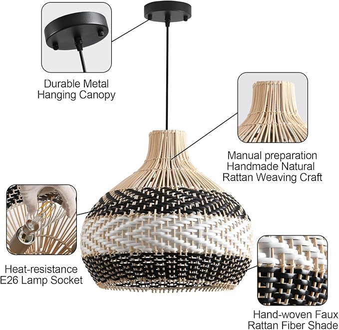 3-Light Rattan Pendant Light,1-Pack Hand-Woven Black White Faux Rattan Hanging Light 15" Boho Basket Wicker Chandelier for Living Room Bedroom Kitchen Dining Hallway