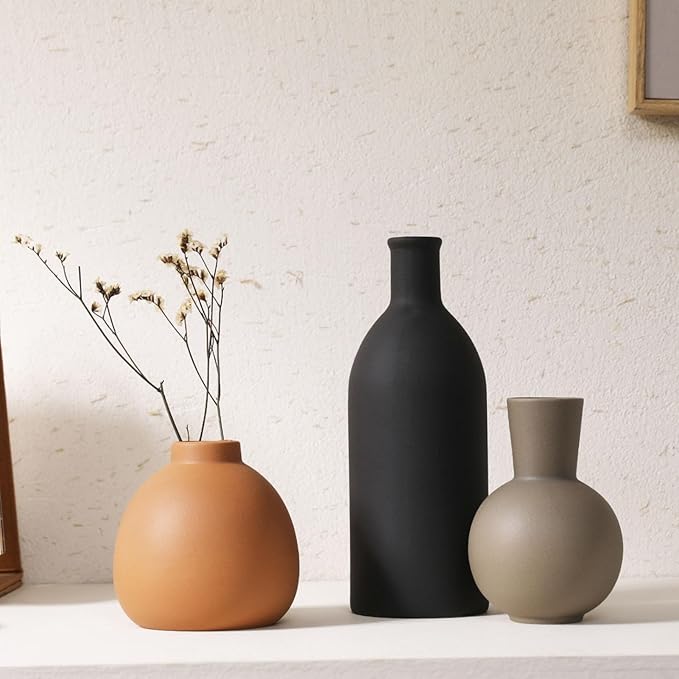 Joeabor Ceramic Vase Set of 3 - Handcrafted Ceramic Vases for Home Decor & Shelf - Modern Farmhouse Decor for Kitchen, Office, Bedroom & Living Room Decorative Objects for Mantel, Table Centerpieces