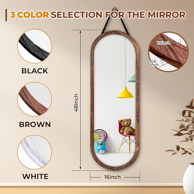 16"x48" Oval Full Length Mirror Solid Wood Wall Mirror with Hanging Strap for Living Room Bathroom Bedroom Entryway - Brown