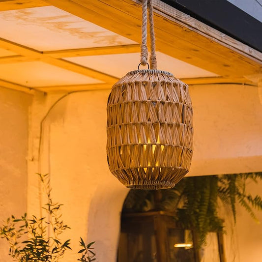 Bdor Candle Lantern - 22.4in IP65 Waterproof Natural Rattan Outdoor Lantern with Removable LED Candle and Burlap Jute Rope Handle,Decorative Lanterns for Home, Porches, Weddings