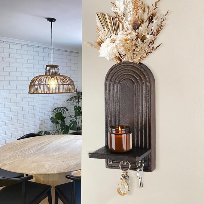 3-in-1 Wooden Wall Organizer - Planter Vase + Candle Sconces + Hooks (No Dried Flower)- Farmhouse Hanging Decor Boho Wall Art for Indoor Plants Artificial Eucalyptus for Living Room Bedroom Brown