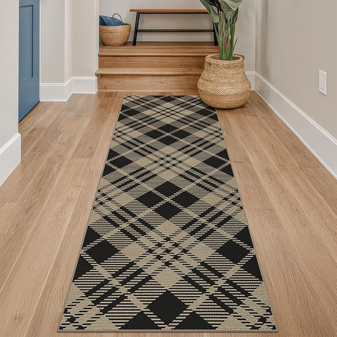 JTJ Vintage Outdoor Runner 2x6 - Easy Jute Woven Throw Rug for Kitchen, Bedroom, Mudroom, Washable Low Pile Black and White Classic Decor