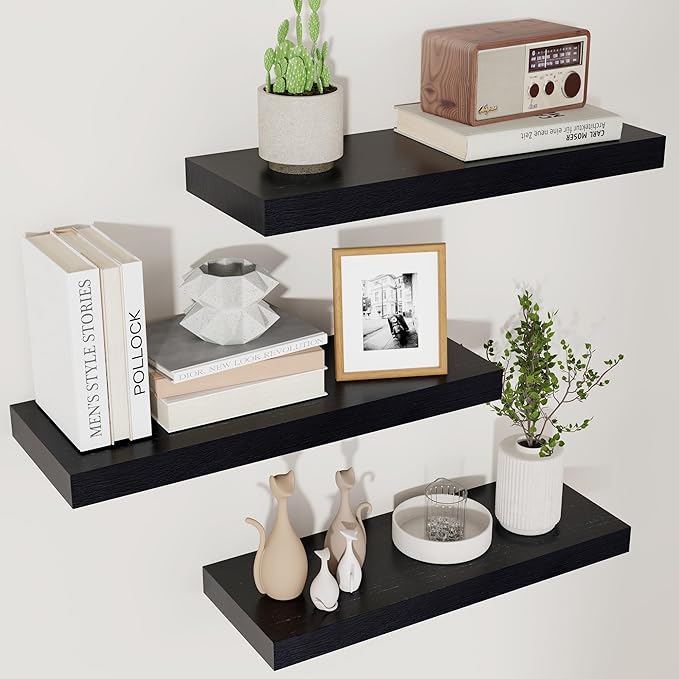 fuqing Floating Shelves for Wall - Black Wood Wall Shelves Set of 3 - Modern Style Wooden Shelves for Room Decor & Storage