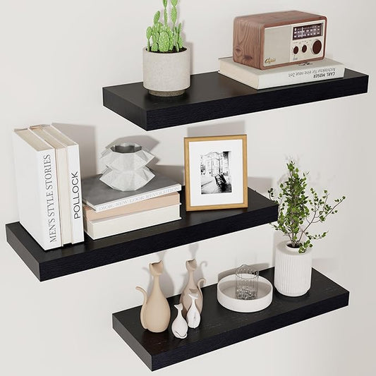 fuqing Floating Shelves for Wall - Black Wood Wall Shelves Set of 3 - Modern Style Wooden Shelves for Room Decor & Storage