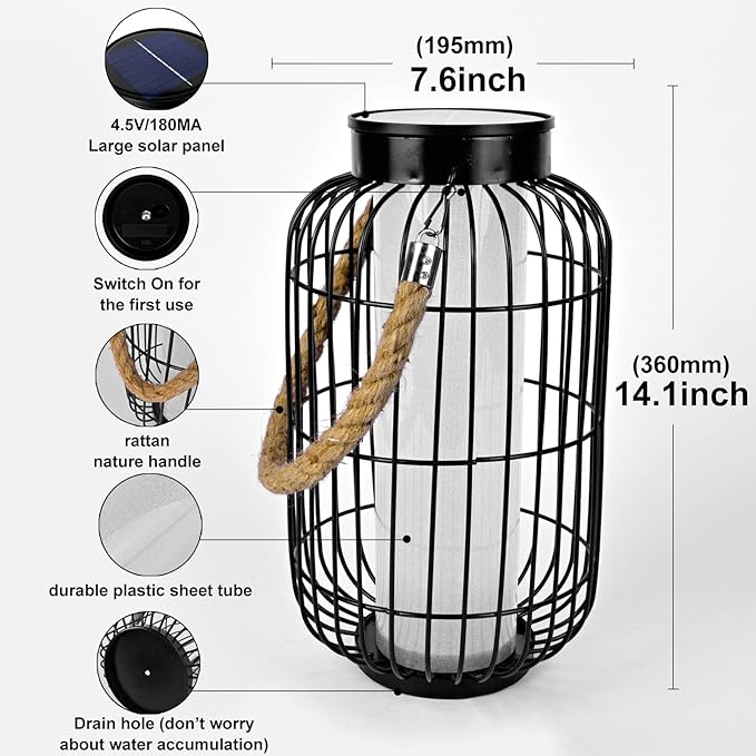 baterysu Large Outdoor Solar Lanterns Hanging Light Waterproof LED Garden Lights solar powered Retro Metal Auto On Off Table Lamp for Garden Patio Porch Lawn Pathway Walkway Tabletop Decorative(Black)