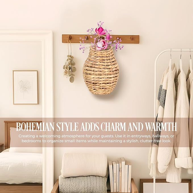 Natural Handwoven Wall Hanging Water Hyacinth Basket for Front Door Flowers & Home Decor – Handwoven Wicker Wall Baskets with Loop Handle – Decorative Organizer for Entryway Mail, and Seasonal Display