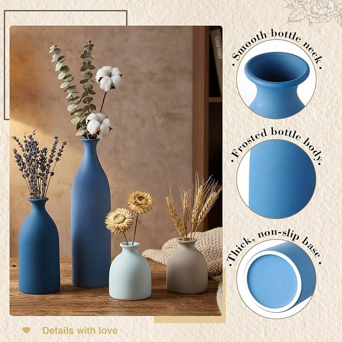 Dandat Ceramic Vase Set of 4, Modern Decorative Ceramic Vases Rustic Pottery Centerpiece Table Decor for Farmhouse Bouquet Pampas Grass Dried Fresh Flowers, Living Room, Kitchen, Bedroom(Blue)