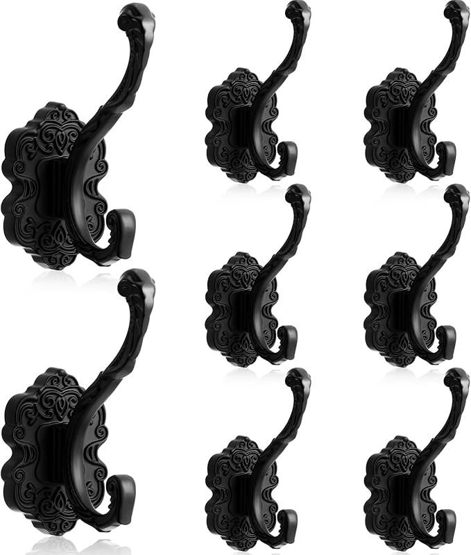 Zonon 8 Pcs Black Vintage Coat Hooks Decorative Towel Hooks for Bathrooms Antique Wall Hook for Hanging Purse Hat Keys Clothes Heavy Duty Unique French Country Curtain Holder for Wall