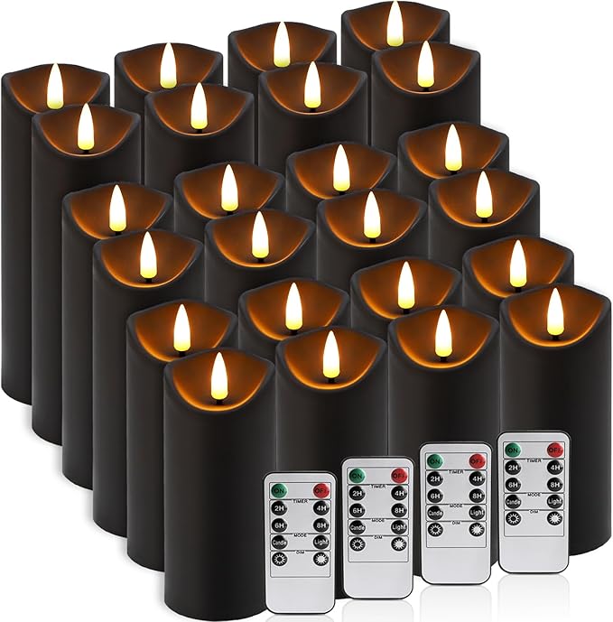 fclayvts Realistic Flameless LED Candle Black Set of 24, Battery Operated with Remote Control, 3D Flame Pillar Timer Funtion Melted Top Safe,Perfect for Indoor/Outdoor Decor,Wedding,BBQ and Gift