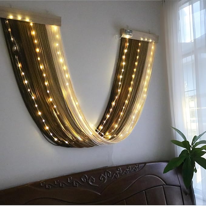 OakHaomie Macrame Fairy Lights Battery Operated with Remote,Large Macrame Wall Hanging with 20ft 100 LED String Lights,Brown Gradient Warm White Light for Living Room,Bedroom,Christmas,Holiday Deco