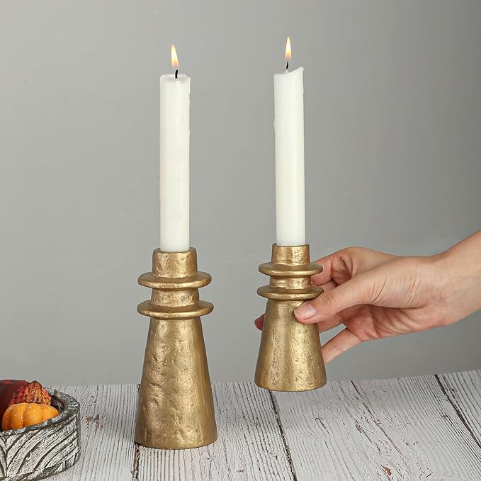 Vintage Brass Handcrafted Iron Taper Candle Holders - Set of 2 Decorative Candle Stands for Weddings, Dining, and Parties
