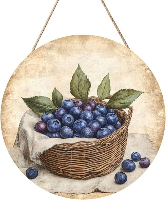 Vextrovia 12x12 Inch Wooden Sign, Charming Wall Decor, Uv Printed With Wicker Basket Berries, Round Rustic Berry Basket Wall Art, No Wall Damage, Easy Install, Kitchen, Dining Room, Kitchen
