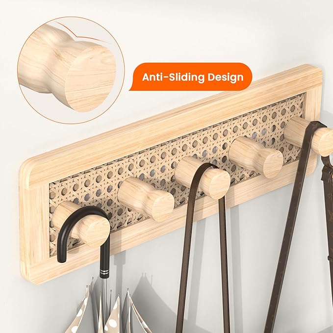 Homode Wooden Wall Hooks, Wall Mounted Coat Rack for Entryway, Boho Wood Pegs for Hanging Coats and Hats, Decorative Coat Hanger Purse Holder for Towel Key Jacket Bag Leash Cap