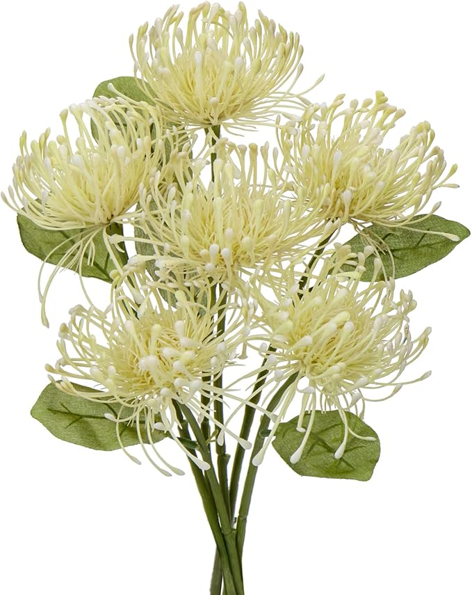 Briful 6PCS Artificial Chrysanthemum Spring Flowers 4'' Fake Pincushion Flower Large Spider Mums Flowers for Home Vase Décor Centerpiece Wedding Bouquet (Green White)