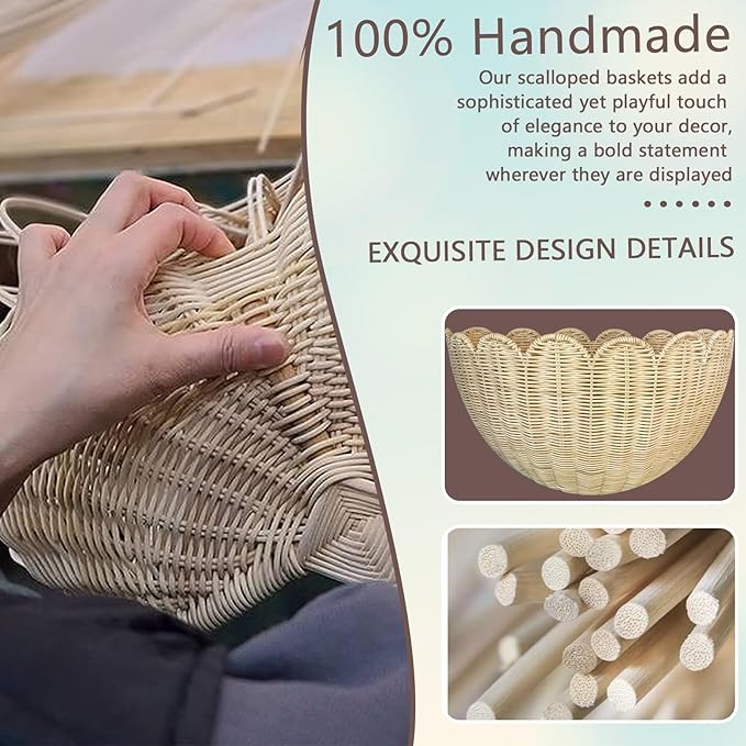 Scalloped Wall Basket, 2pcs Hand Woven Hanging Wicker Wall Baskets Set, Scalloped Rattan Wall Storage & Decor for Home, Bathroom, Kitchen, Living Room (16 x 12 x 7 & 14 x 8 x 6 Inch)