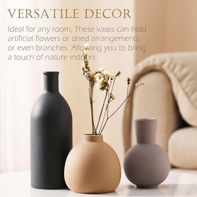 Joeabor Ceramic Vase Set of 3 - Handcrafted Ceramic Vases for Home Decor & Shelf - Modern Farmhouse Decor for Kitchen, Office, Bedroom & Living Room Decorative Objects for Mantel, Table Centerpieces