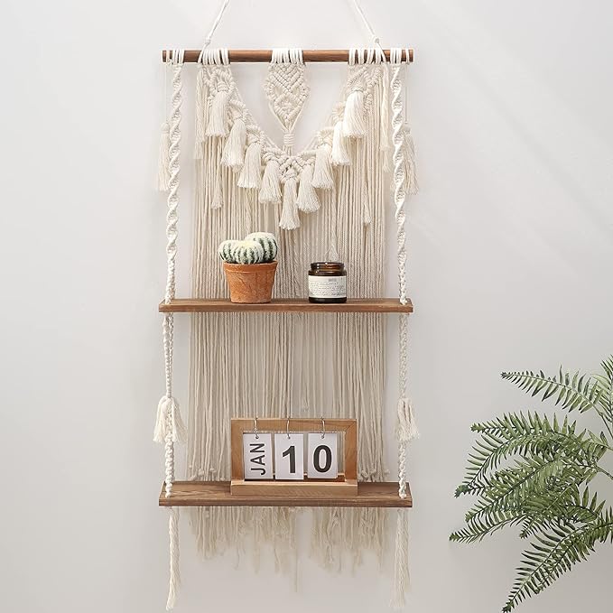 ANROYE 2 Tier Macrame Boho Wall Hanging Shelf, Handmade Bohemian Wooden Woven Plant Floating Shelves Decor, Decorative Chic Organizer for Bathroom Women Bedroom Girl Nursery Storage