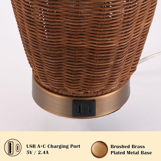Boho Style Rattan Table Lamp,Dimmable Bamboo Desk Lamp,Touch & USB Charger Port,Oven Brown Rattan