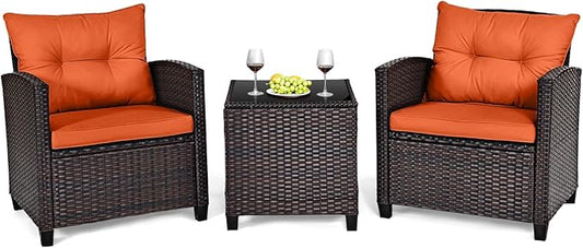 HAPPYGRILL 3 Pieces Patio Conversation Set, Outdoor Furniture Set PE Rattan Sofa Set with Removable Cushions, PE Wicker Chairs with Tempered Glass Side Table for Porch Lawn Garden Balcony Backyard