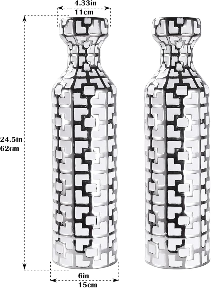 NewSangXia 24.4 inch Tall Floor Vases Set of 2. White Vase with Silver Geometric Patterns, Ceramics Modern Flower Vases for Living Room, Entryway, Indoor/Outdoor Decor, Large Vase for Home Decor
