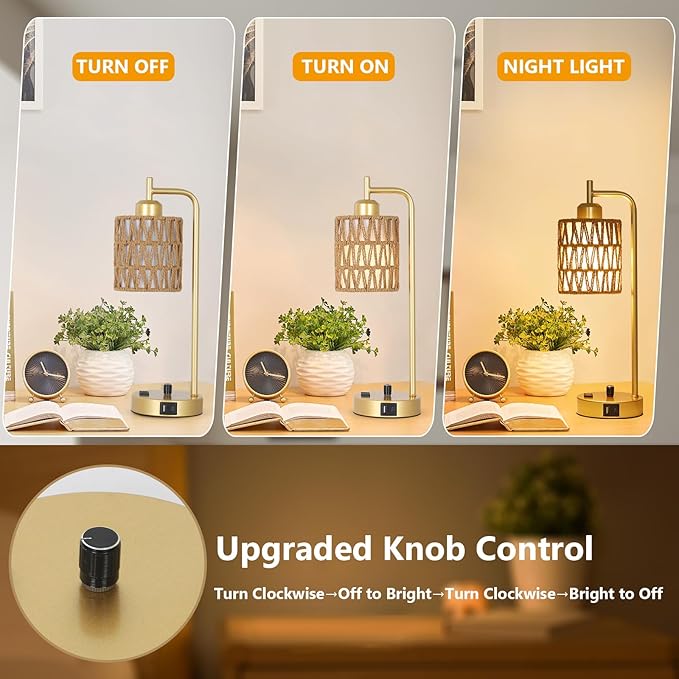 Gold Lamp for Bedroom, Boho Rattan Table Lamps Set of 2 with LED Bulbs, Bedside Lamps for Night Stands with Wicker Shade, USB Port and Outlet, Modern Side Desk Lamp for Living Room Office