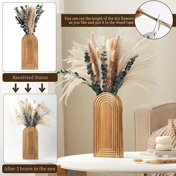 2 Pack Wooden Wall Vase Set with Pampas Grass Eucalyptus, Modern Farmhouse Boho Wall Decor for Living Room, Entryway, Hallway, Bathroom, Dining Room, Brown Wall Art for Home Decoration
