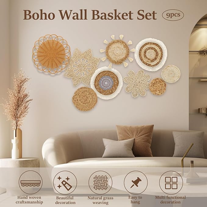 9 Pcs Boho Wall Basket Decor, Rattan Wicker Boho Wall Decor, Hanging Woven Basket Wall Decor, Round Handmade Wall Art for Living Room Bedroom Display Table Settings Home Christmas Decoration (Wood)