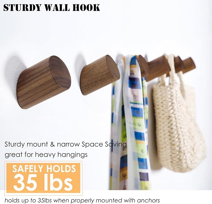 Wooden Wall Hooks, Natural Wood Coat Hooks Wall-Mounted (2 Pack), Rustic Wall Coat Rack Hat Hook, Entryway Walls Hangers, Heavy Duty Hook for Hanging Towels (Black Walnut)