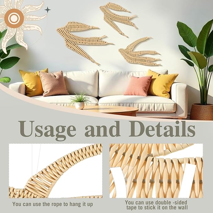 Threehoney 3 Pcs Boho Christmas Beach Bathroom Decor 3 Size Handmade Wicker Wall Decors Coastal Hanging Wall Art Florida Christmas Decoration for Indoor Outdoor Xmas Gifts(Bird)