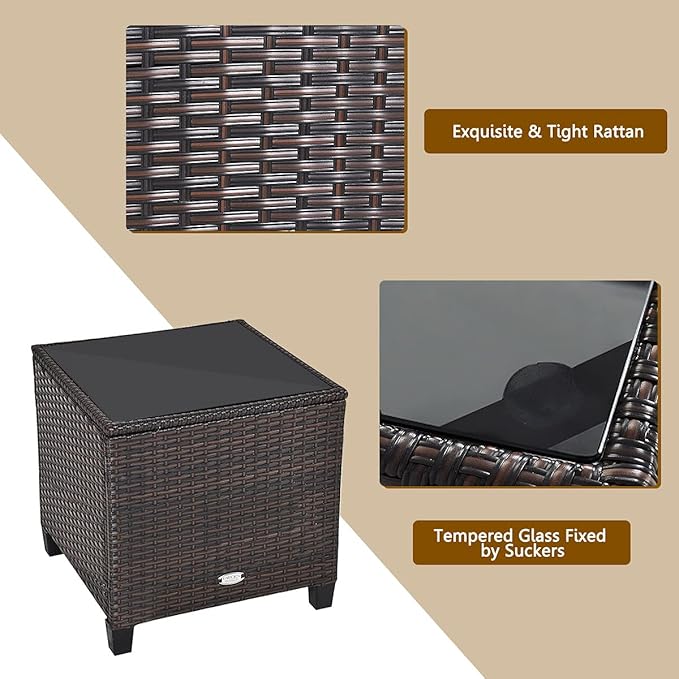 HAPPYGRILL 3 Pieces Patio Conversation Set, Outdoor Furniture Set PE Rattan Sofa Set with Removable Cushions, PE Wicker Chairs with Tempered Glass Side Table for Porch Lawn Garden Balcony Backyard