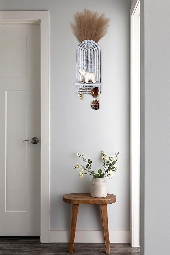 3-in-1 Wooden Wall Organizer - Planter Vase + Candle Sconces + Hooks (No Dried Flower)- Farmhouse Hanging Decor Boho Wall Art for Indoor Plants Artificial Eucalyptus for Living Room Bedroom Washwhite