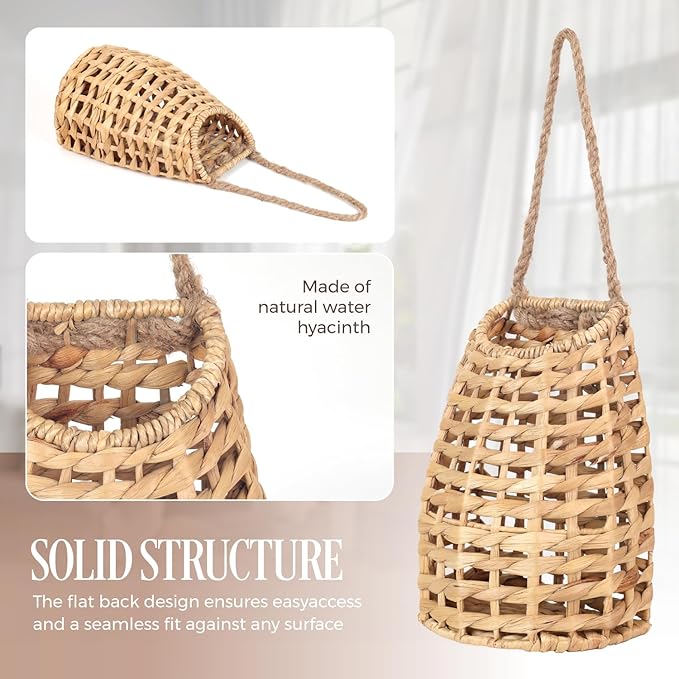 Natural Handwoven Wall Hanging Water Hyacinth Basket for Front Door Flowers & Home Decor – Handwoven Wicker Wall Baskets with Loop Handle – Decorative Organizer for Entryway Mail and Seasonal Display