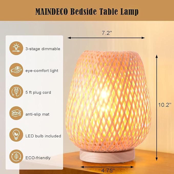 Boho Style Rattan Table Lamp,Dimmable Bamboo Desk Lamp,Yellow Bamboo