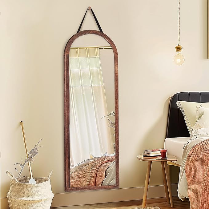 16"x48" Arched Full Length Mirror Solid Wood Wall Mirror with Hanging Strap for Living Room Bathroom Bedroom Entryway - Brown