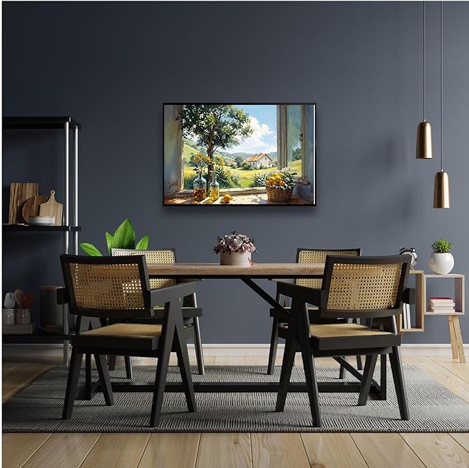 Vintage window farmhouse canvas painting wicker basket full of lemons rolling green hills lush foliage yellow flowers glass bottle rustic charm tranquil country living textured artwork wall decor