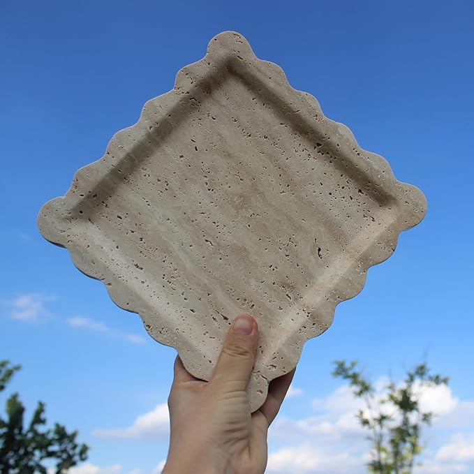 Natural Luxury Marble Tray with Scalloped Edge, Handmade Square Decorative Tray, Catch All Tray for Counter, Dresser, Nightstand and Home Décor (Beige Travertine)
