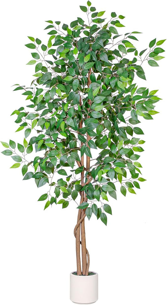VIVATREES 6FT Artificial Ficus Tree with White Planter, Realistic Faux Silk Indoor Outdoor Plant for Home Office Living Room, Porch, Garden Decor
